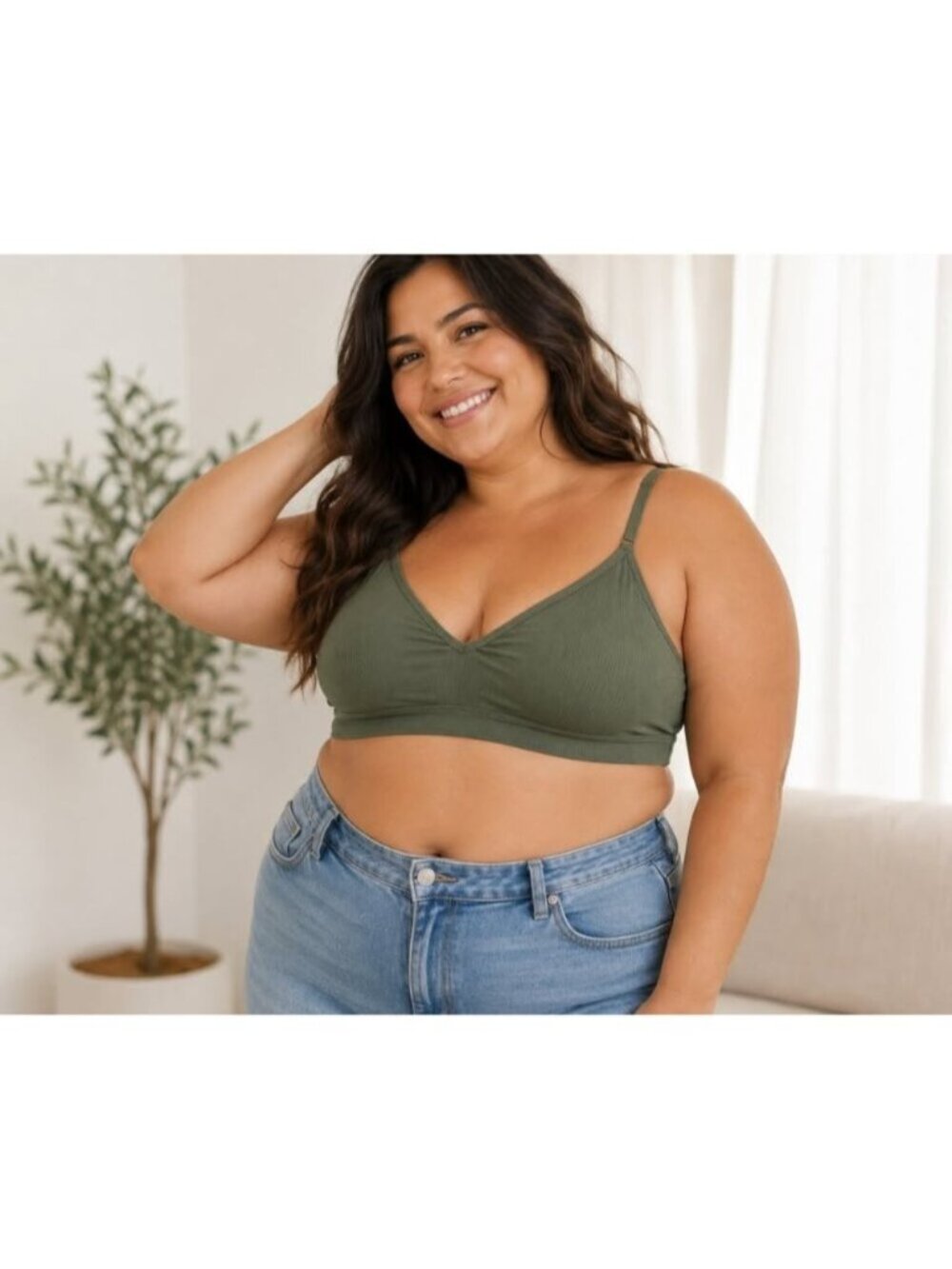 Army Green Ribbed Bralette 4XL Wireless Seamless Comfort Bra Adjustable Straps - Picture 1 of 7